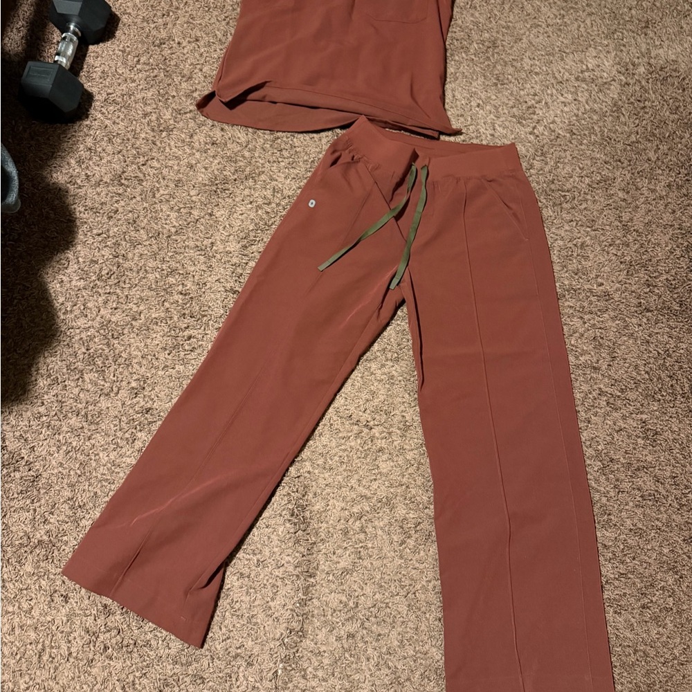 FIGS Wide-Leg Drawstring Pants in Rust with Olive Ties
